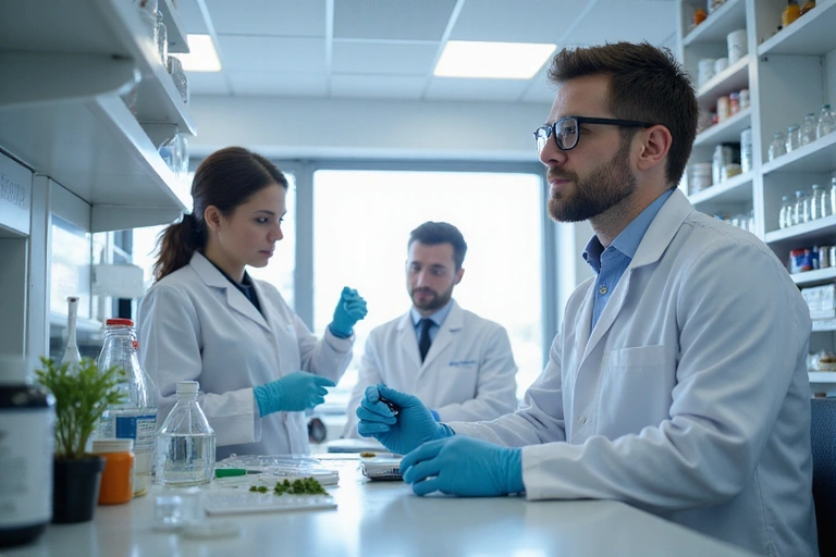 Laboratorio di ricerca pulito e moderno con scienziati che lavorano su composti naturali.