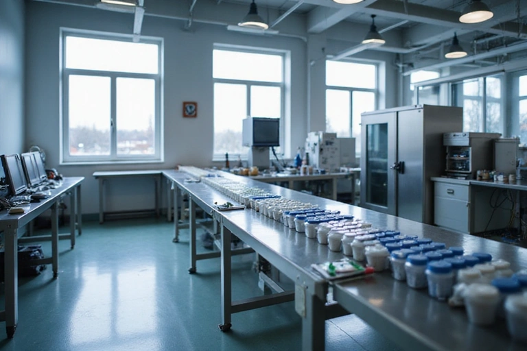 Linea di produzione moderna e pulita in una fabbrica di integratori.