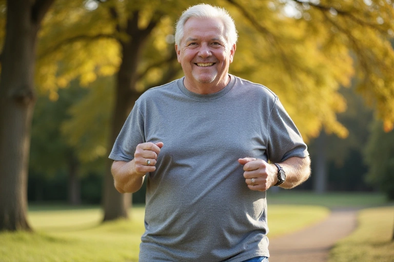 Uomo anziano sorridente fa jogging all'aperto, simbolo di vitalità e benessere maschile.