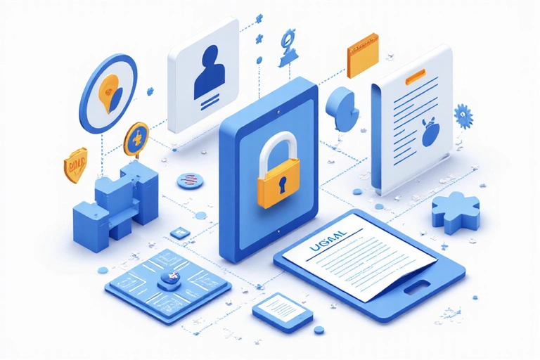 Rappresentazione visiva di dati personali e sicurezza digitale, con icone che simboleggiano privacy, protezione e conformità legale.