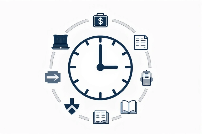 Un orologio stilizzato che indica il tempo che scorre, con icone di archiviazione dati e cancellazione, a simboleggiare la politica di conservazione dei dati.