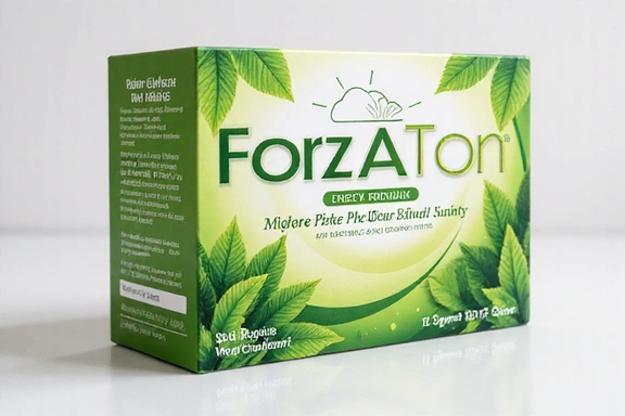 Confezione di ForzaTon, un integratore per energia e vitalità, con un design moderno e ingredienti naturali