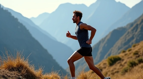 Un atleta che corre in montagna, simboleggiando energia e resistenza, con un tocco di natura e vitalità.