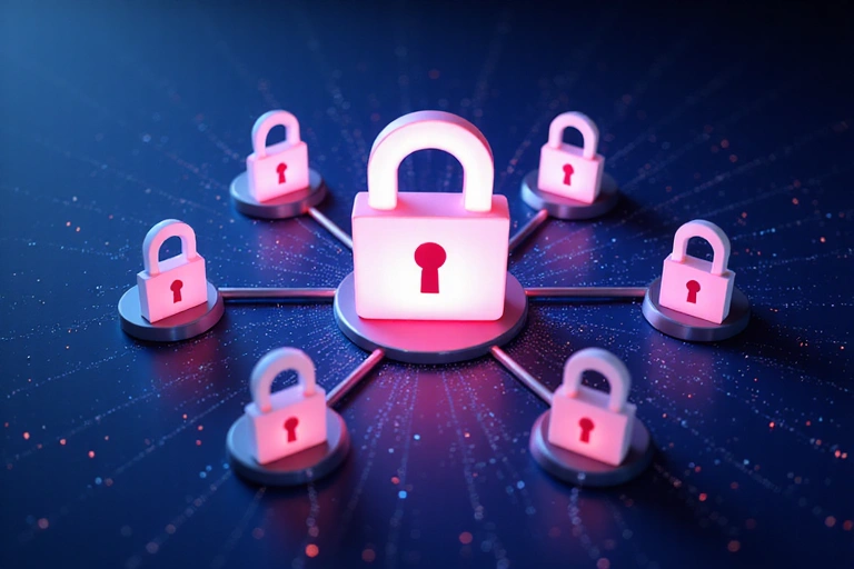 Immagine che rappresenta la protezione dei dati personali, con icone di lucchetti e scudi digitali.